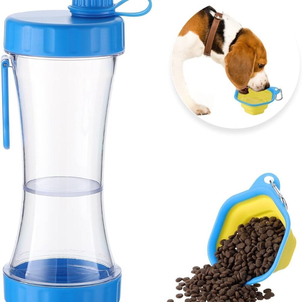 Dog Water Bottle with Food Container • 13.5 oz • Leakproof Travel Dispenser Blue